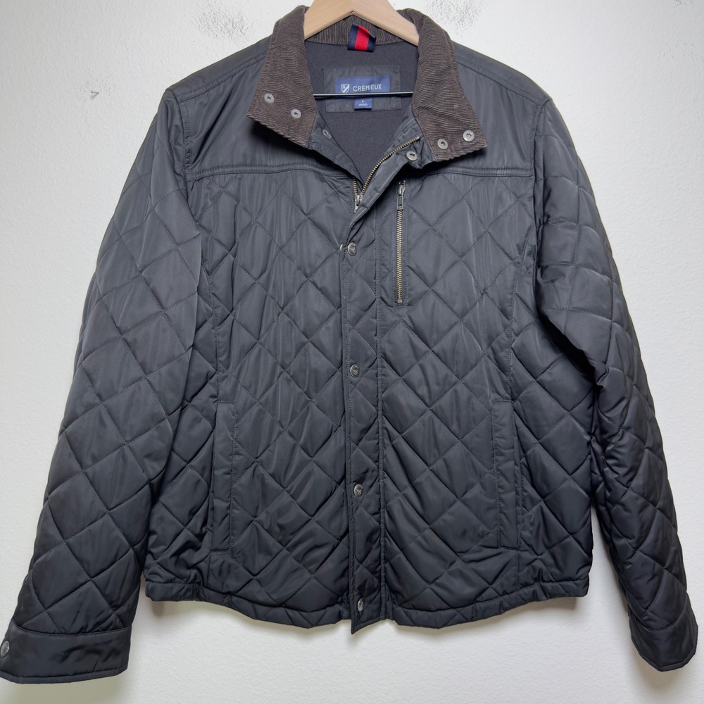 Cremieux Men Quilted Jacket Large Black Corduroy Collar Diamond Stitch Coat